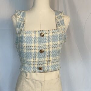 endless rose soft blue & white tweed cropped tank w/fringe top size M
